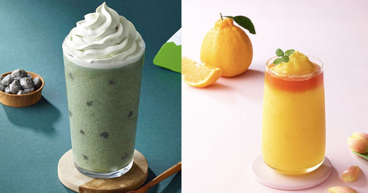 韩国星巴克冬季季节性饮品组合，左侧是绿色色调的饮品，右侧为柚子搭配的黄色果汁，传递出清新和温暖的氛围。