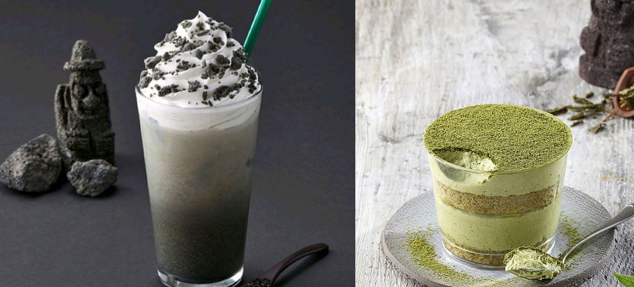 韩国济州岛星巴克限定黑芝麻拿铁和绿茶提拉米苏的组合。左侧是黑色为主色调的饮料，而右侧则为绿茶蛋糕。