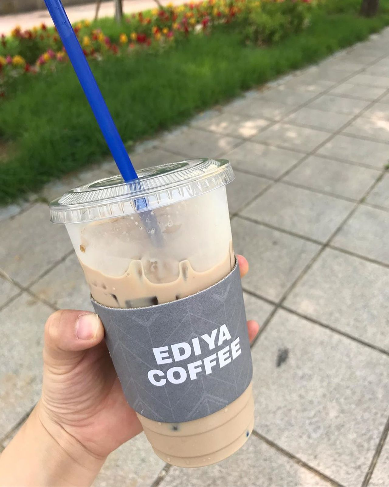 由Ediya咖啡店推出的一款拿铁饮品,杯身印有品牌标识,背景是户外绿化公园的人行道和花坛。适合在韩国旅游时享用。