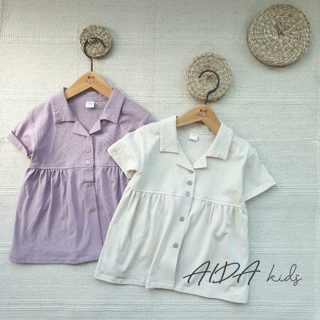 AIDA韓妹休閒風韓國童裝,紫色及米色各有可愛連身裙款式。港台配送。「南大門市場童裝」