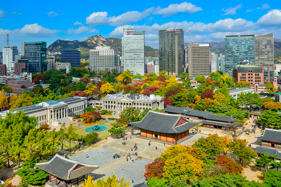 The elegant Deoksugung Palace with traditional architecture complemented by modern city life.
