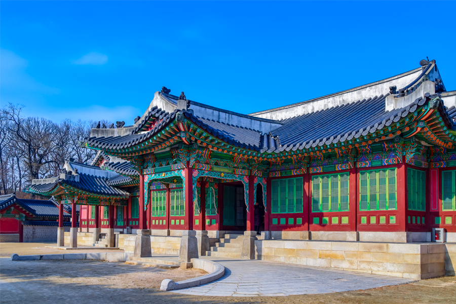 The historical architectural details of Changdeokgung Palace, a UNESCO World Heritage Site in Seoul.