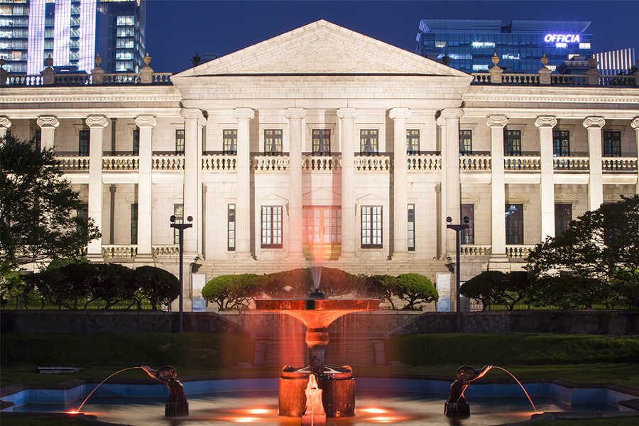 The main halls of Gyeongheegung Palace displaying traditional Korean architectural designs.