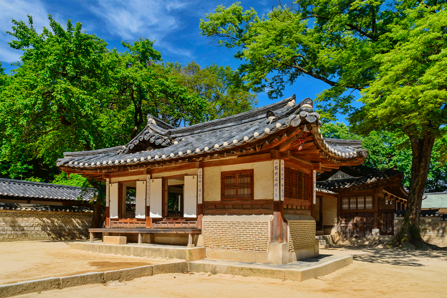 The sophisticated interior of our traditional Korean palace with its unique roof design and intricate decor.