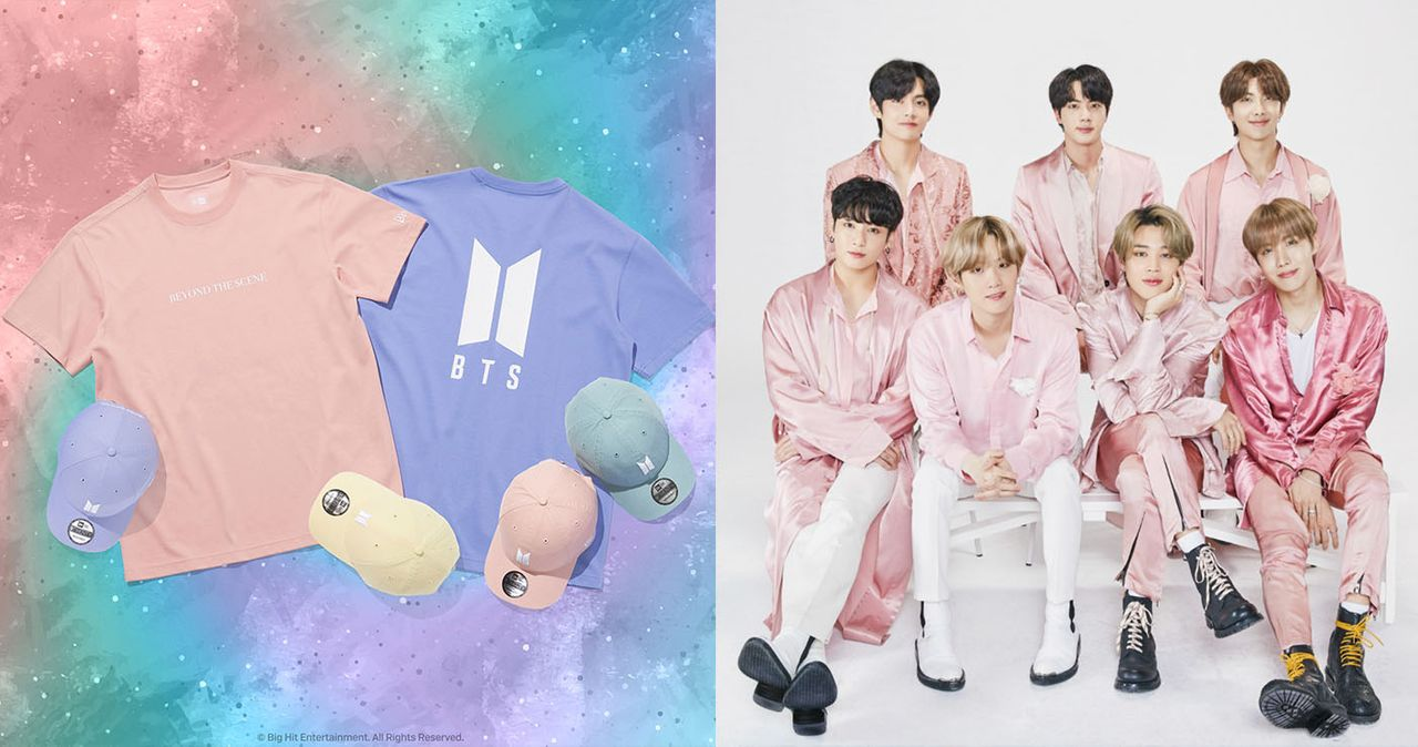 BTS限量版Newera帽子及T-shirt展示，鮮豔色彩吸引眼球
