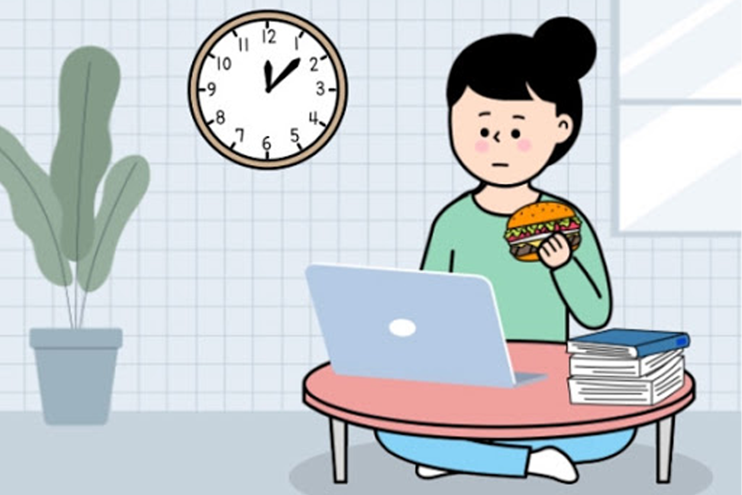 在家經濟：一個人在家中一邊使用筆記本電腦一邊享受零食，展示疫情下在家工作的日常。