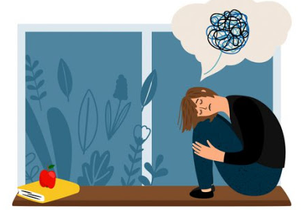 正在床邊憂鬱的插圖人物與糾結的思緒象徵,代表新冠疫情下的心理健康挑戰
