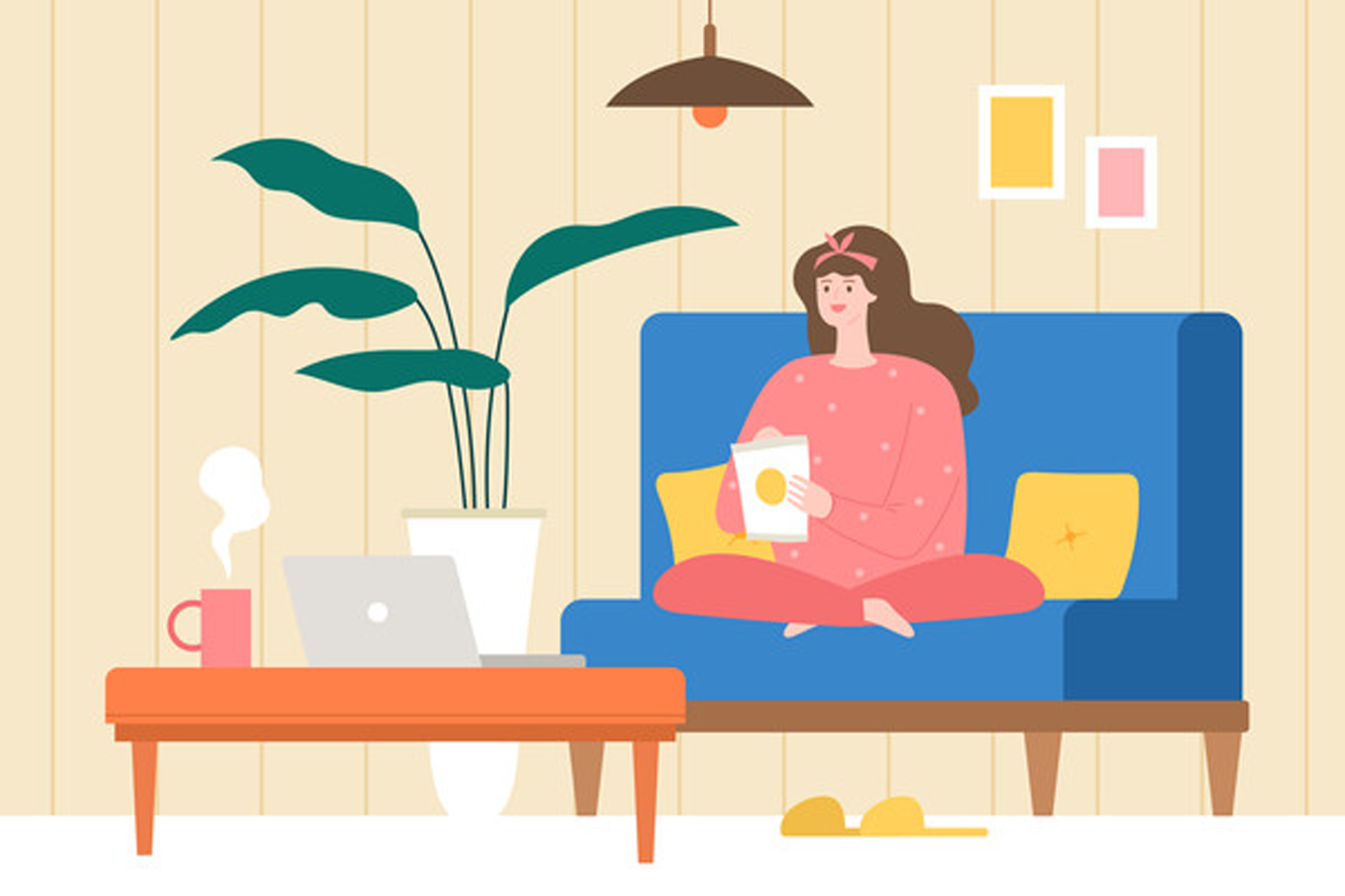 宅喺屋企的生活方式，展示一個女子舒適地坐在家中沙發上閲讀和享受日常居家活動。