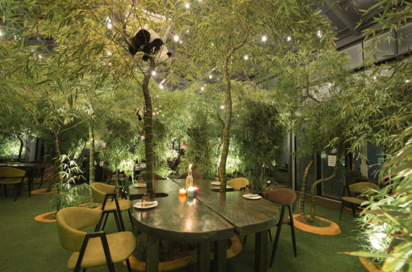 韓国BAMBOO15-8カフェの内部にある森のような空間。竹が生えているエリアにテーブルがあります。