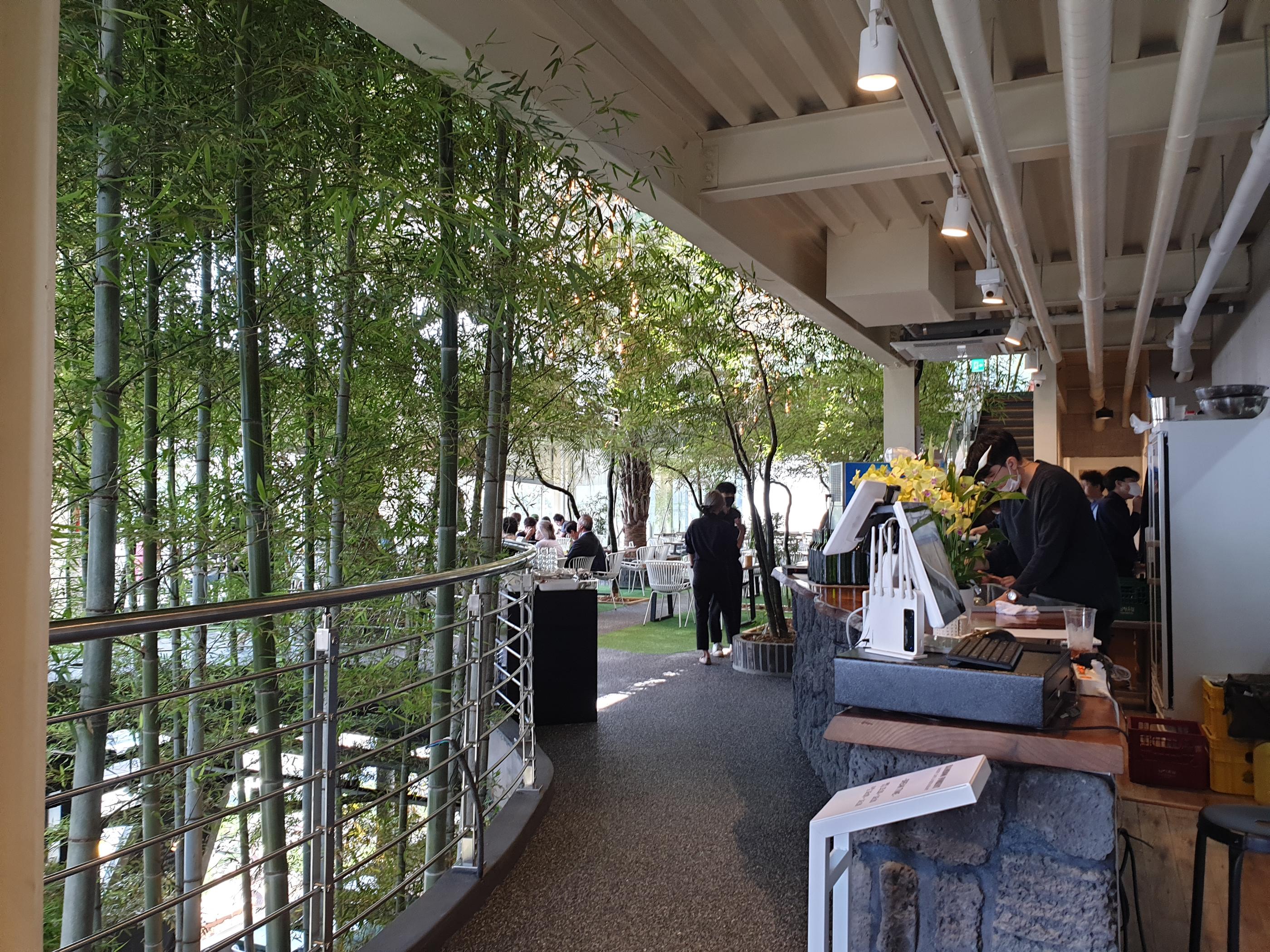 韓国BAMBOO15-8カフェ内の2階への階段。竹が周囲に配置されています。