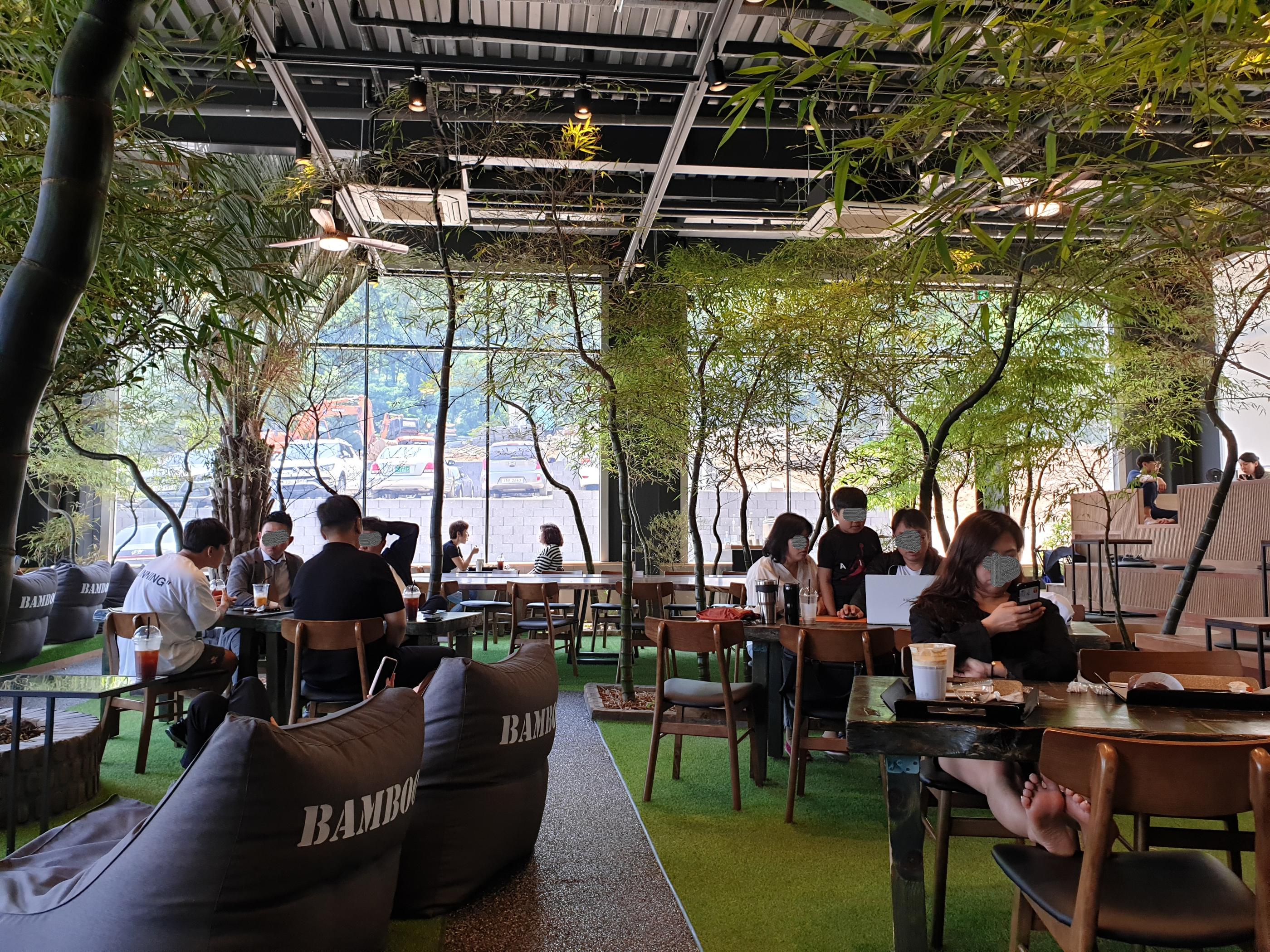 韓国BAMBOO15-8カフェの天井近くの窓。竹林が見える窓から青空が広がっています。