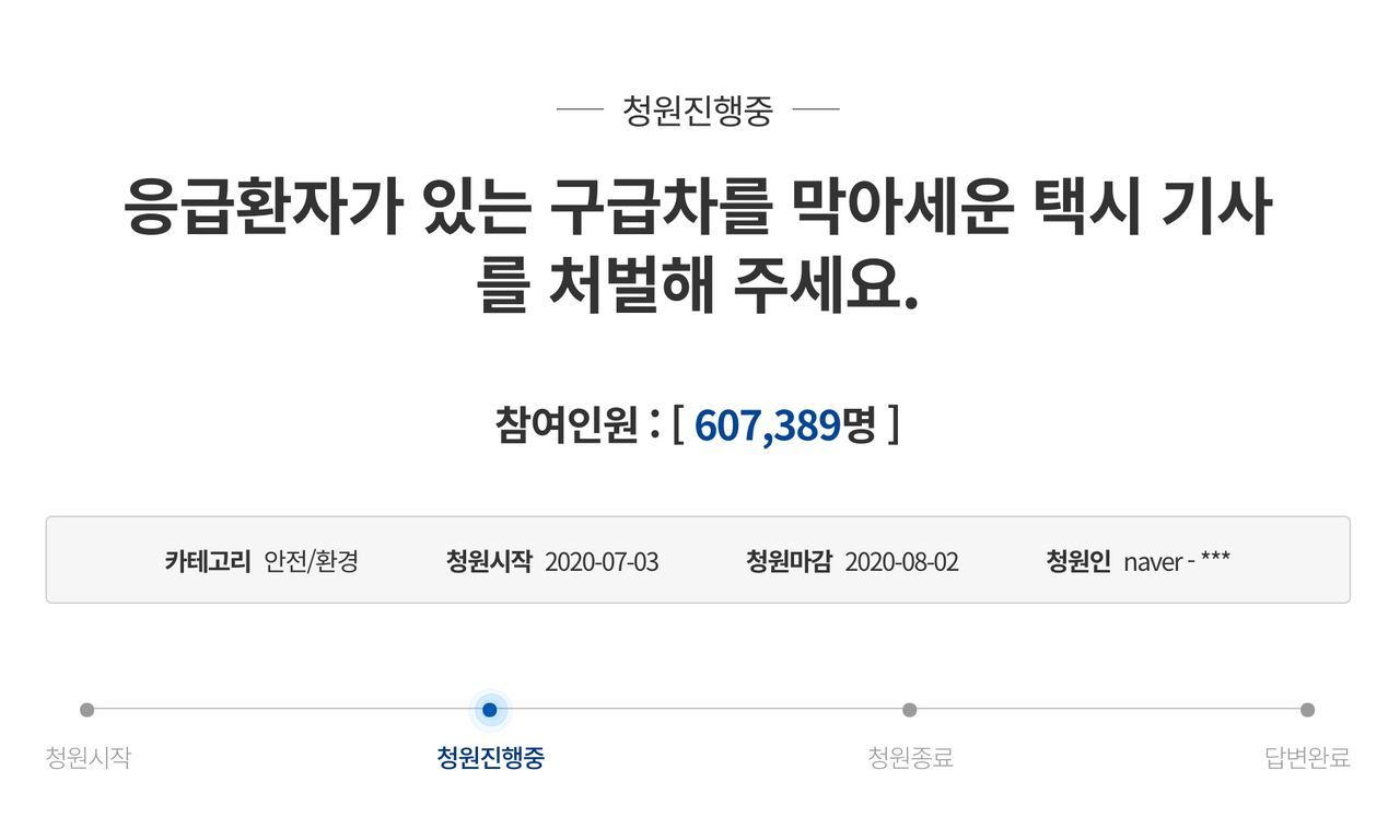 韓國青瓦台網站上有關懲罰妨礙救護車的士司機的請願，已獲得超過60萬簽名支持的截圖。