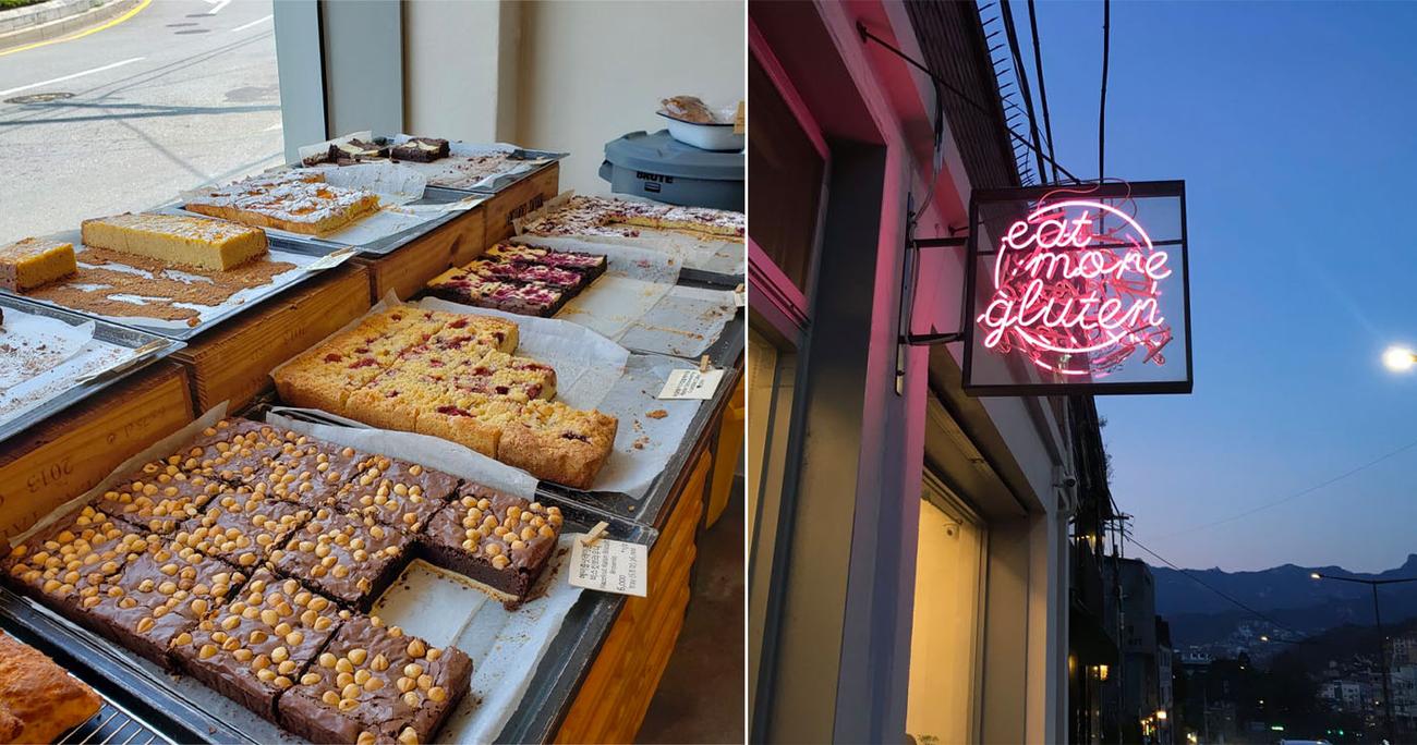 Freshly baked scones, brownies and cakes lined up at Scoff Bakehouse, a British bakery in Buam-dong Seoul