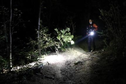 一名搜救人員在黑暗的森林小徑上用手電筒搜尋，一片安靜且暗沉的山區環境，強調首爾市長的搜尋過程。