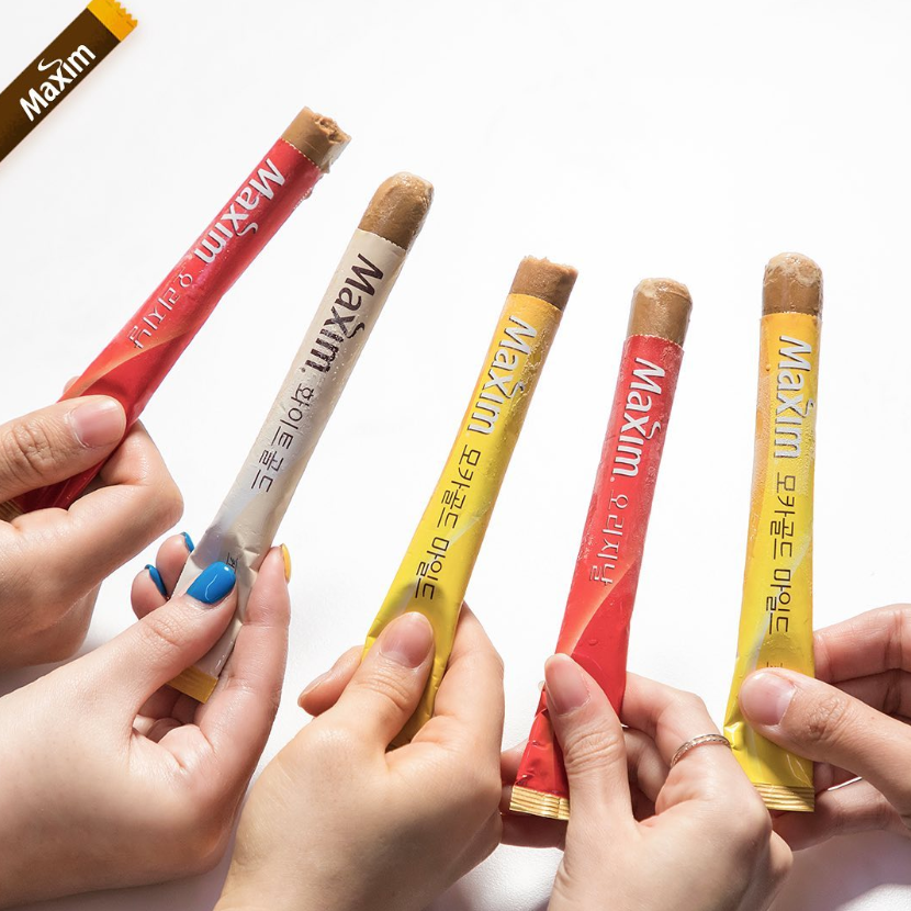 韓国の人気インスタントコーヒー、凍らせたMaximの様々な種類。甘さと苦さのバランスが良く、夏にピッタリ。