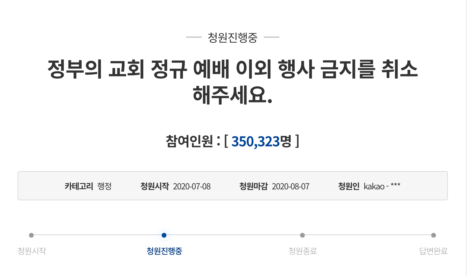 ภาพหน้าจอของคำร้องออนไลน์ที่มีผู้เข้าร่วมกว่า 350,000 คนเรียกร้องให้ยกเลิกข้อห้ามในการทำกิจกรรมเกี่ยวกับศาสนาในเกาหลีใต้.