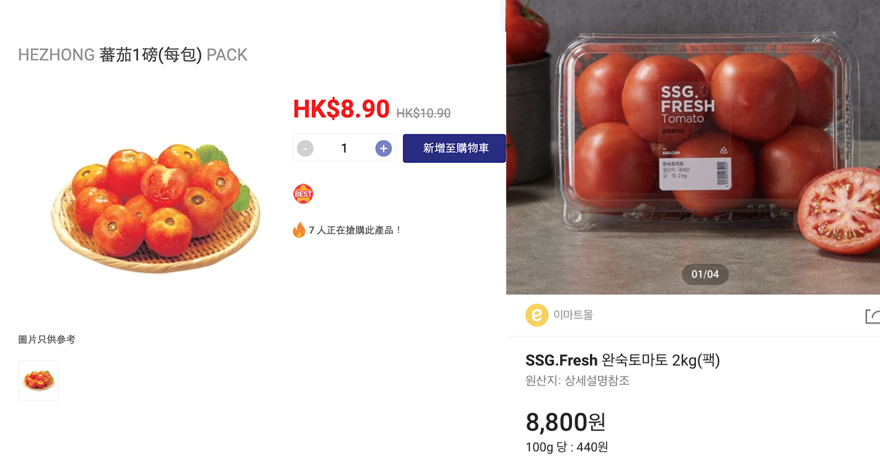 番茄的價格比較，顯示香港與韓國超市的番茄包裝與價格對比。