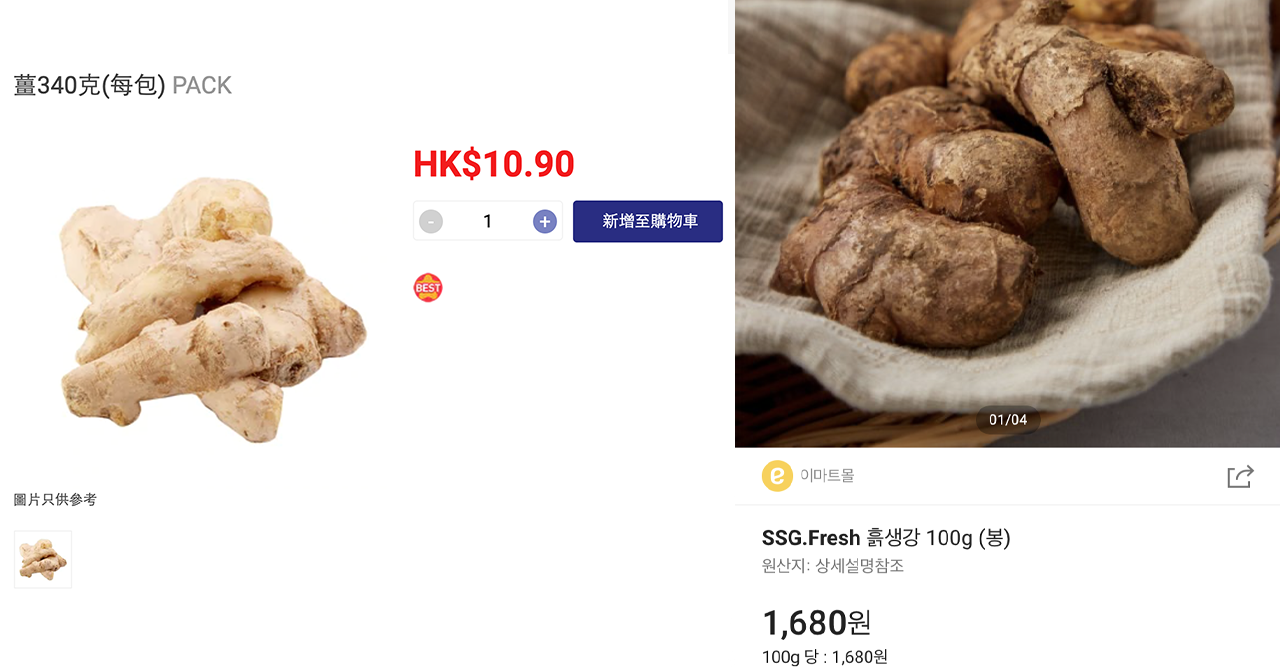 香港及韓國薑的價格比較，顯示不同市場上100克的包裝及價格。