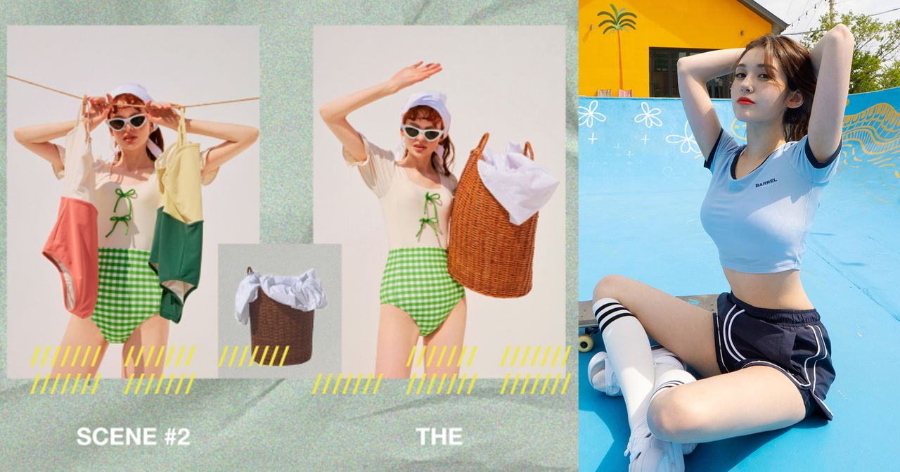 三位穿著色彩鮮豔泳衣和配件的模特站在游泳池旁，展示不同角度和款式的韓國最新泳衣設計。