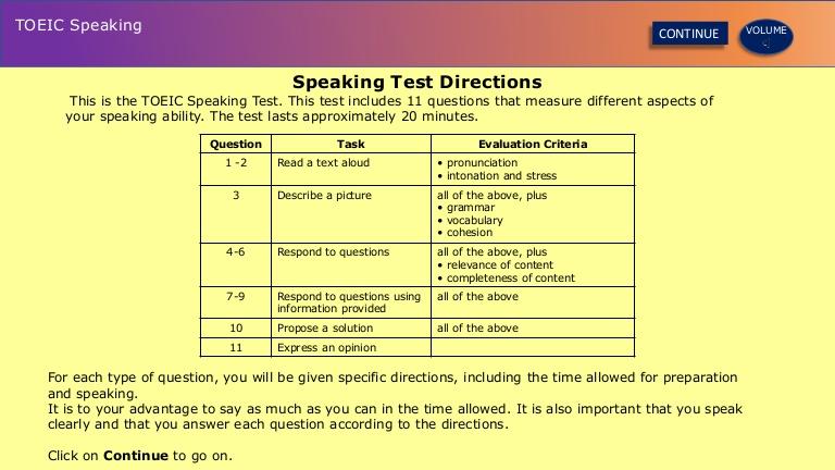 คำแนะนำและเกณฑ์การประเมินสำหรับการทดสอบการพูดของ TOEIC ซึ่งประกอบด้วยงานที่แตกต่างกันในการทดสอบการพูด