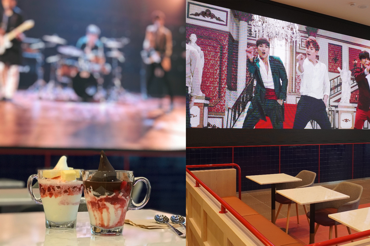JYP SOULCUP Cafe 內部展示韓國偶像團的演出影片和音樂錄像