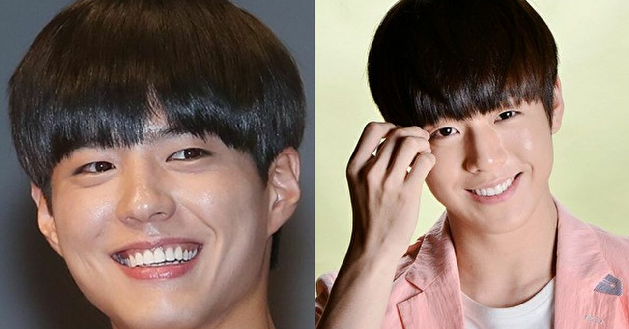 韓國演員樸寶劍與李玹雨，兩位以陽光笑容和青春形象聞名的男明星並肩站立，展現青年男性的魅力。