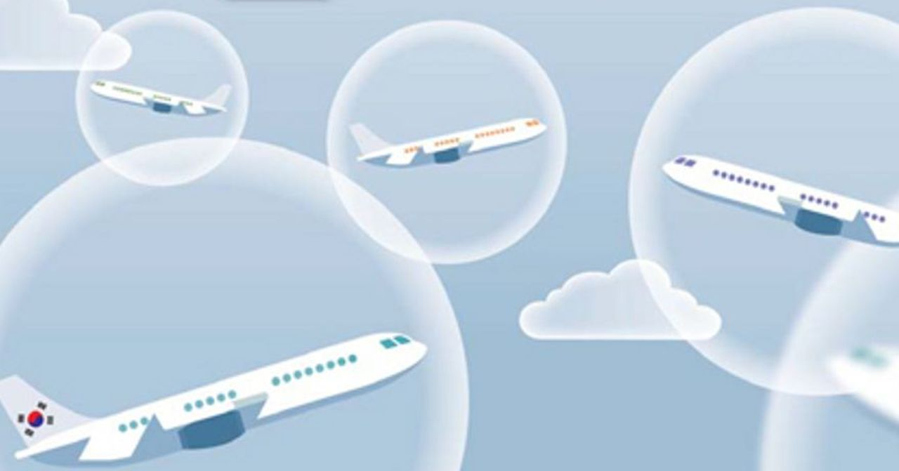 ภาพวาดของเครื่องบินเกาหลีใต้ในฟองสบู่, สะท้อนความพิจารณาเรื่อง Travel Bubble ของเกาหลีใต้ในการเปิดการเดินทางระหว่างประเทศช่วงโควิด-19.
