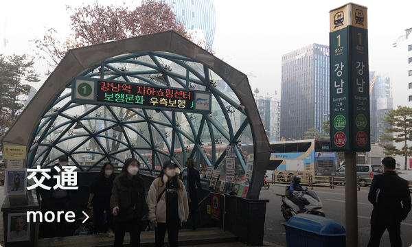 江南エリアの交通情報。地下鉄駅の入口で、近くには交通標識がある。韓国の大都市の一つ。