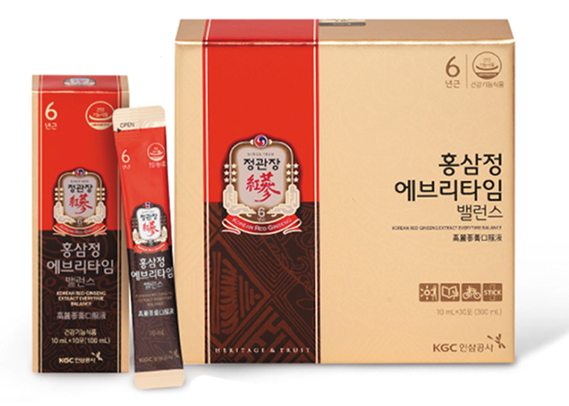 Korea Ginseng Corp Red Ginseng Extract Everytime Balance packaging with 30 sticks displayed next to the box, highlighting nutritional benefits like immune support and fatigue recovery.