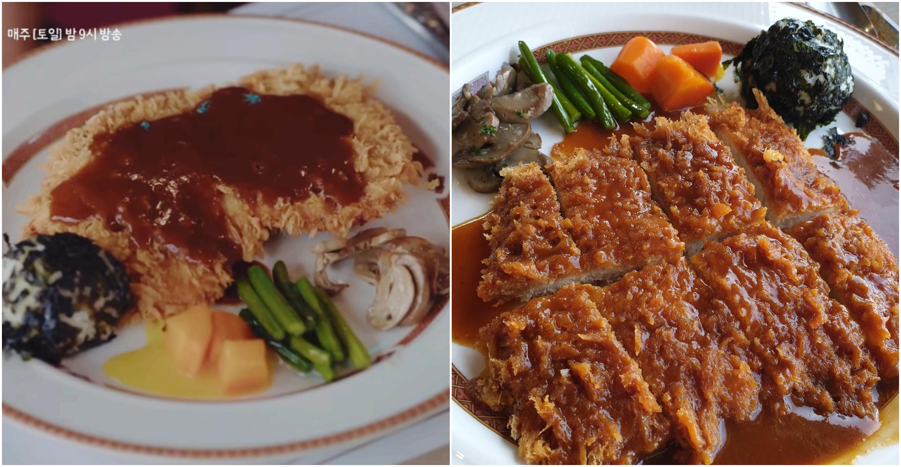 美味しそうな韓国ドラマで登場したトンカツディッシュが見られるお皿。サクサクの衣にたっぷりのソースがかかっており、付け合わせの野菜も美しく盛り付けられています。