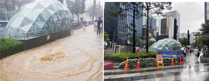 ソウルの江南駅付近で下水が逆流し、歩道が浸水した様子。水は溢れて、市が意識を高める措置が取られた。京郷新聞による報道。