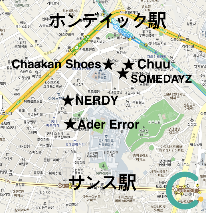 ホンデエリアの地図に位置する韓国ファッション店舗と駅の表示、ショッピングに便利です。