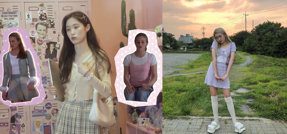 かわいらしいカジュアルな韓国のティーンファッションスタイルを着た女性。背景には夕方の穏やかな風景が広がる。日常的なハイティーンファッションの魅力を強調。