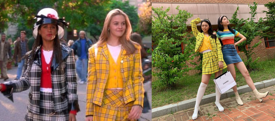 アメリカの高校を舞台にしたクラシックなチェック柄のスーツを身に着けたファッションスタイルと現代風アレンジの韓国ファッションの比較。レトロスタイルの再来を表現。