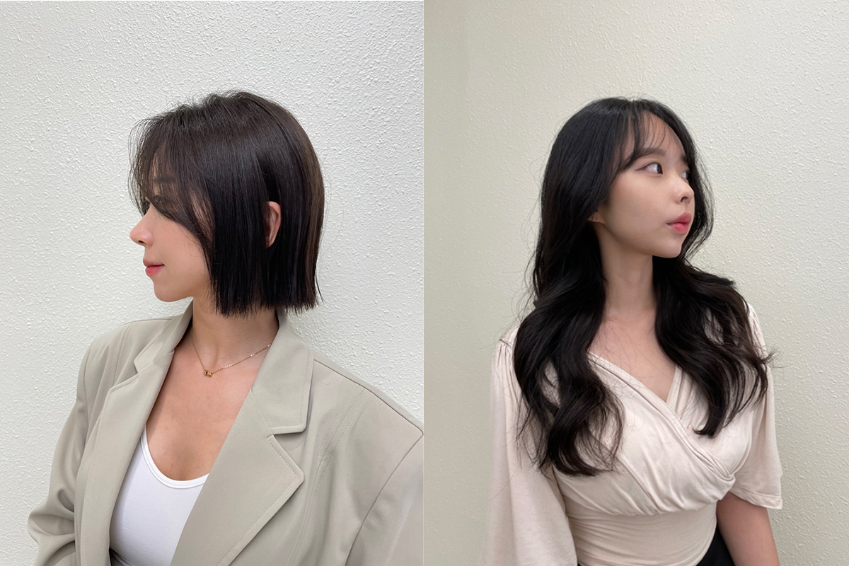 LEEKYUNGMIN FORÊT GARDEN髮型範例,兩位女性展示長短髮型,背景是優雅的室內裝修。