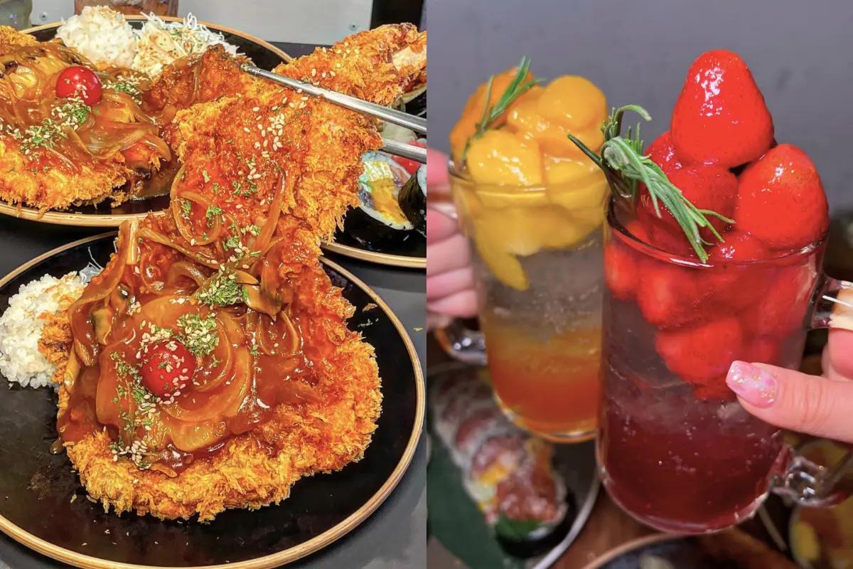 Crispy Choi Donkatsu plated with rice and tangy sauce alongside fruity Mango and Strawberry Highball drinks at Choi Dining in Seongsu.