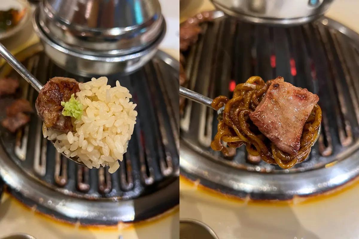 Close-up of a rice dish garnished with wasabi and a spoonful of noodles topped with grilled pork at Kkubdang, a Korean BBQ spot in Seongsu.