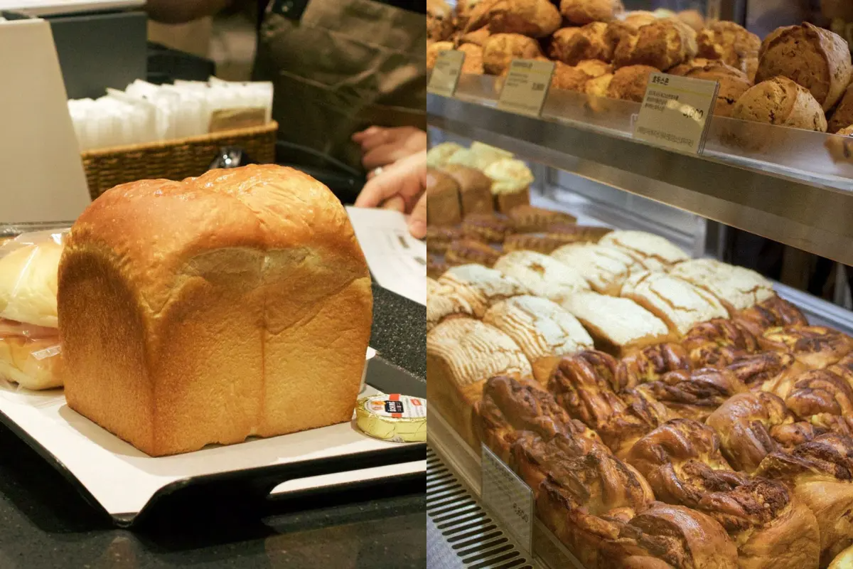 Display of various freshly baked breads at Meal Bakery in Seongsu, offering a tempting selection of artisanal bread.