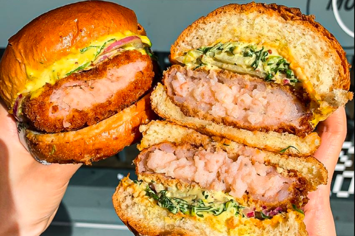 Wasabi Shrimp Burger, featuring thick juicy patties and homemade sauce at Zesty Saloon, a burger joint in Seongsu.