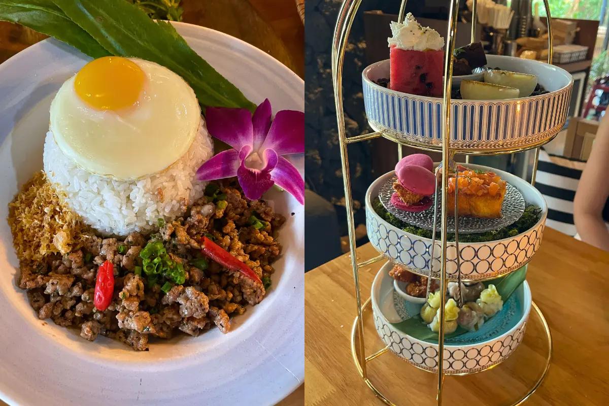 Basil Pork Rice dish and a colorful Three Layer Tray with assorted desserts at Saladaeng Temple, a fusion dining spot in Seongsu, Seoul.