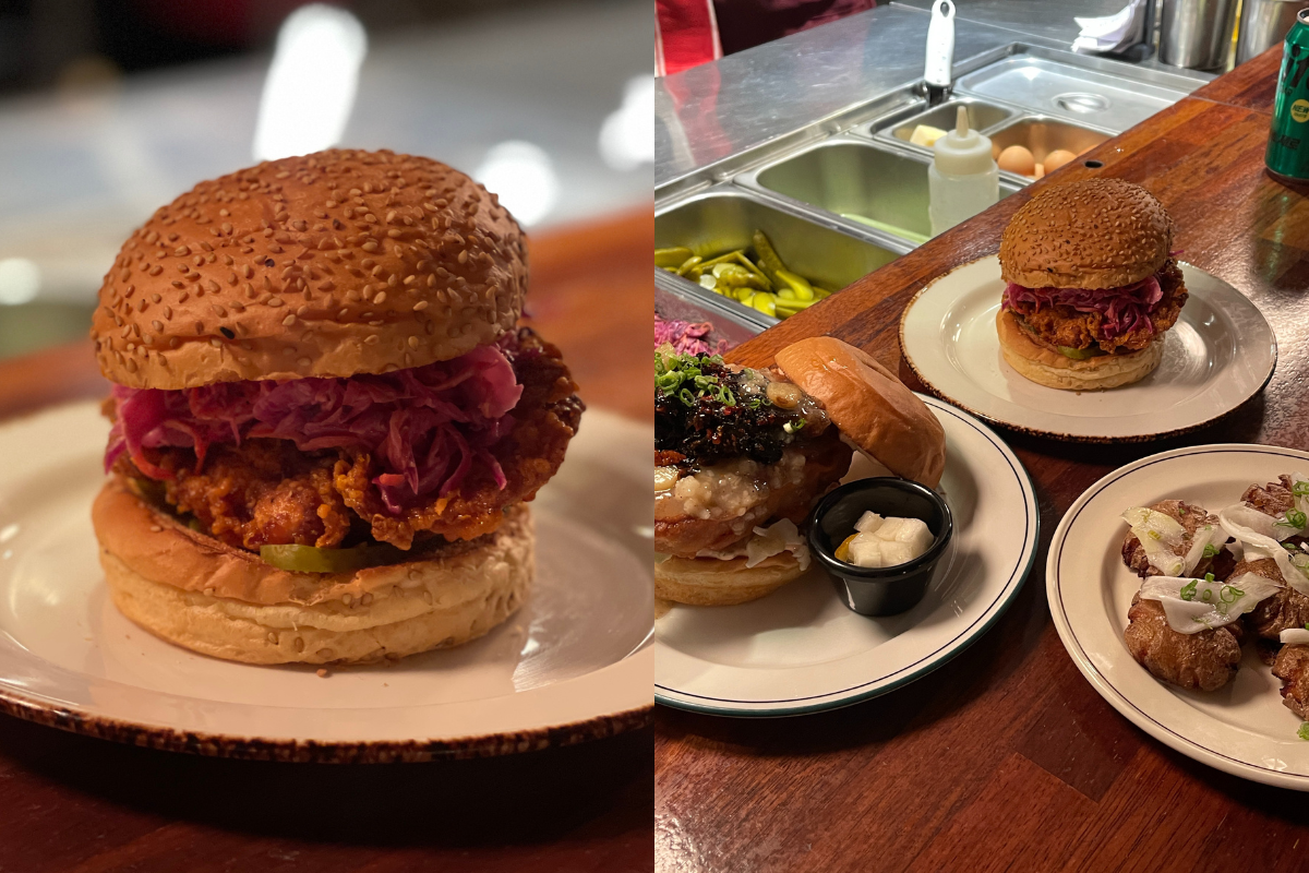 Signature chicken sandwich with a crispy chicken patty and red cabbage slaw at Le Freak, a trendy eatery in Seongsu.