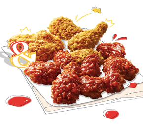 BBQチキンの黄金オリーブクリスピーチキンとヤンニョム半々チキンの画像。2つの異なるフライドチキンメニューが並んでいます。