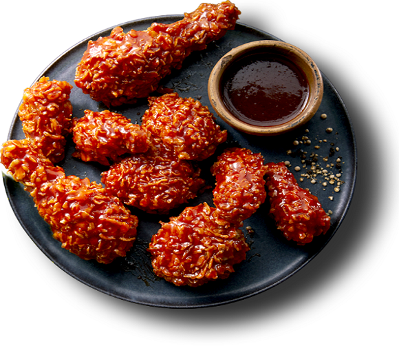 韓国のBBQチキン、黄金オリーブヤンニョムチキンの画像。独特なソースがかかったフライドチキンが魅力的です。