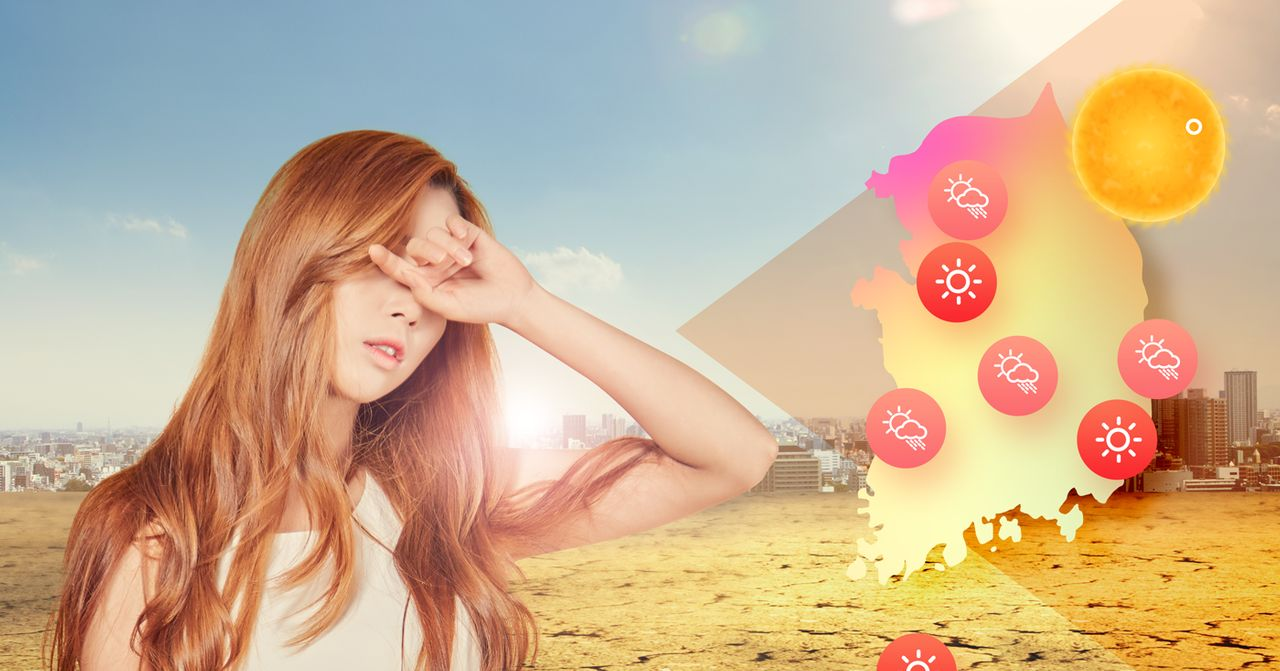 代表韓國夏季熱浪與天氣的插圖，描繪高溫對人的影響