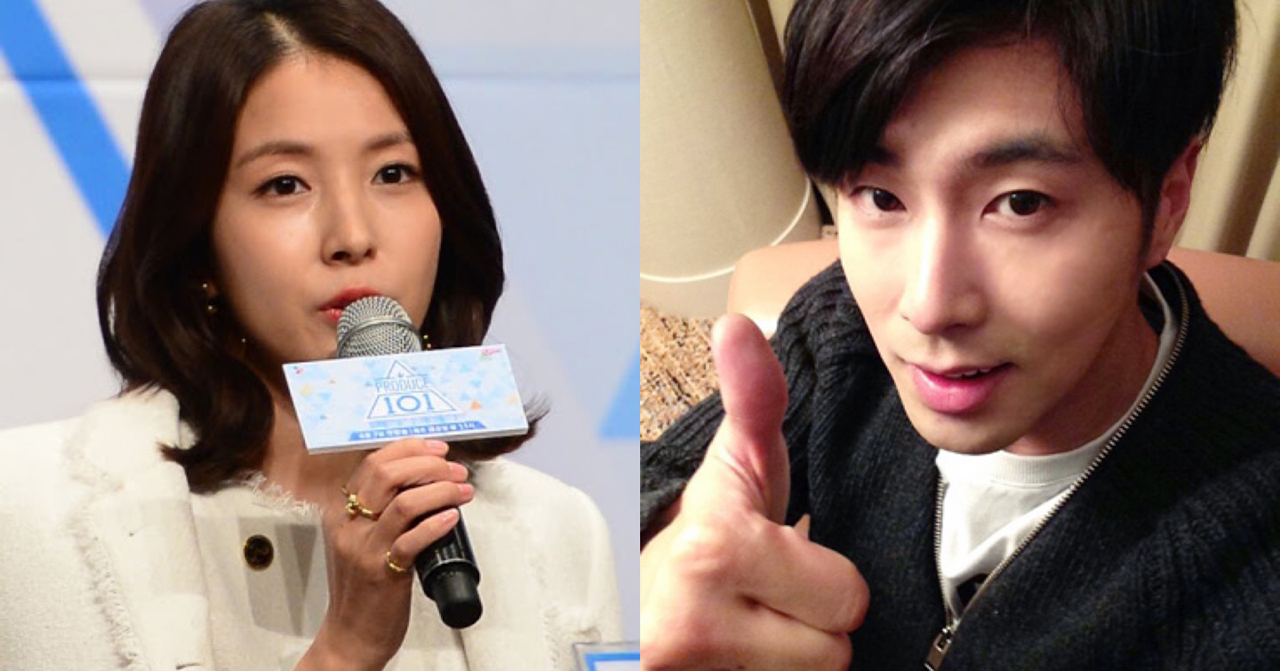 แจ้งข่าวคติประจำใจของดาราเกาหลี มีหนึ่งดาราหญิงถือไมโครโฟนและอีกคนกำลังยกนิ้วโป้ง