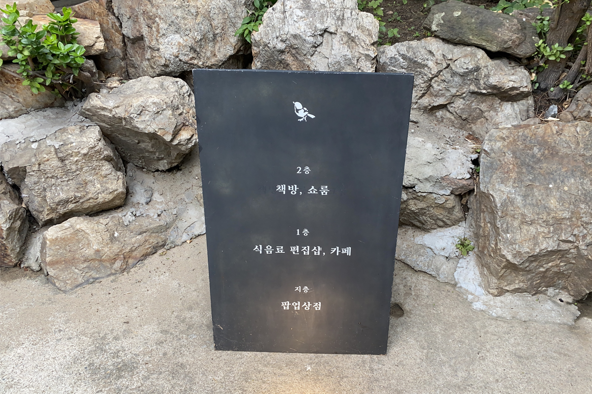 延南磨坊的指示牌,展示咖啡廳內的樓層分佈,包括書店與展覽室。