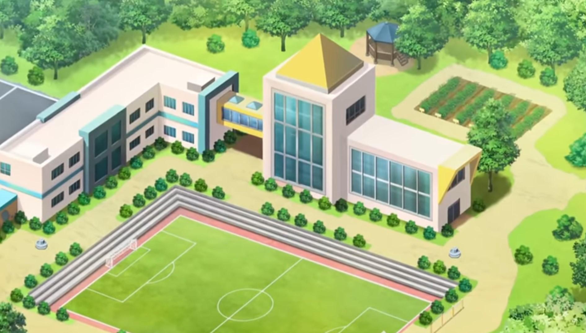 アニメの学校の風景、芝生のグラウンドを囲むモダンな校舎と森の景色