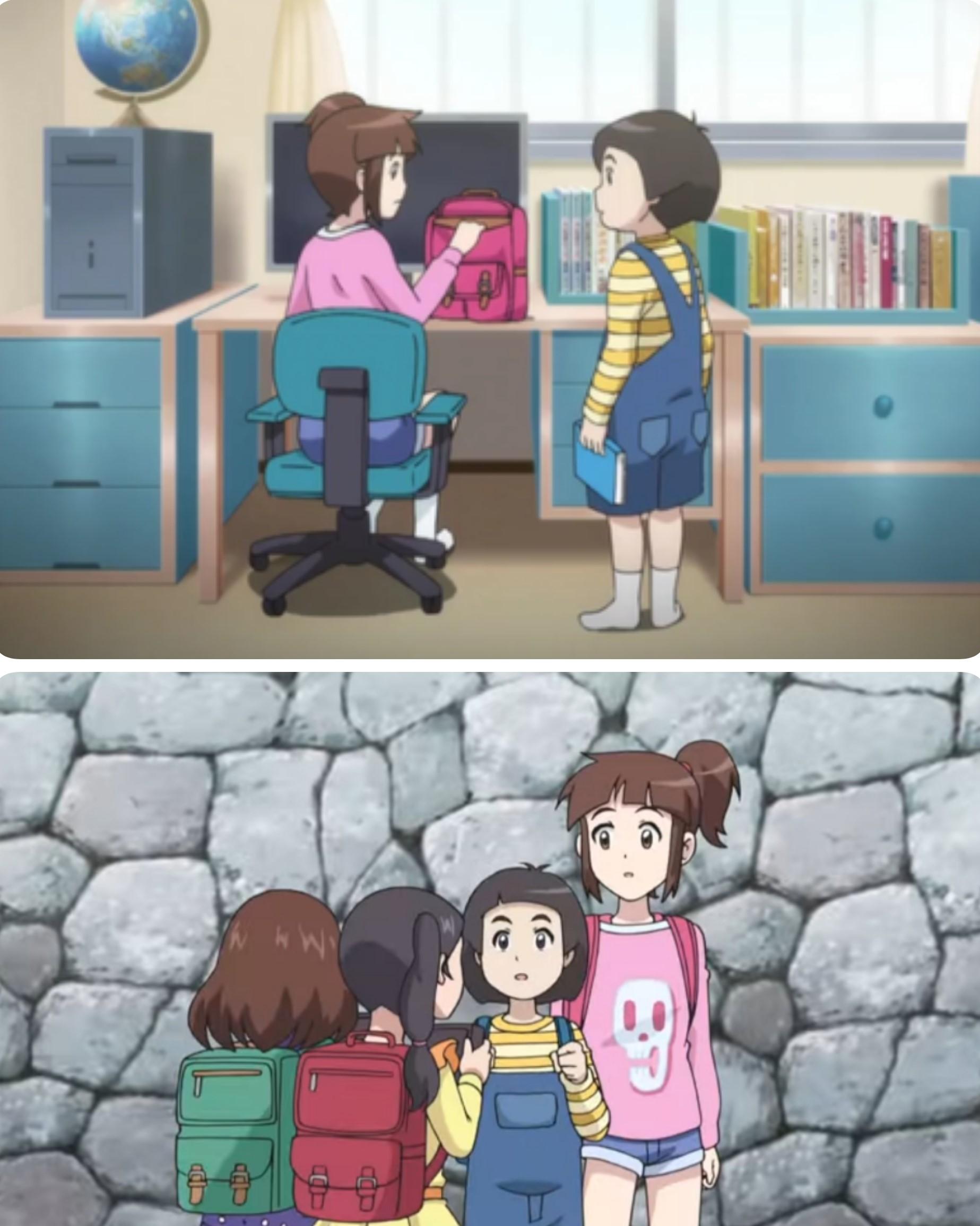 アニメの教室と校庭でのシーン、自由なスタイルの小学生用カバン