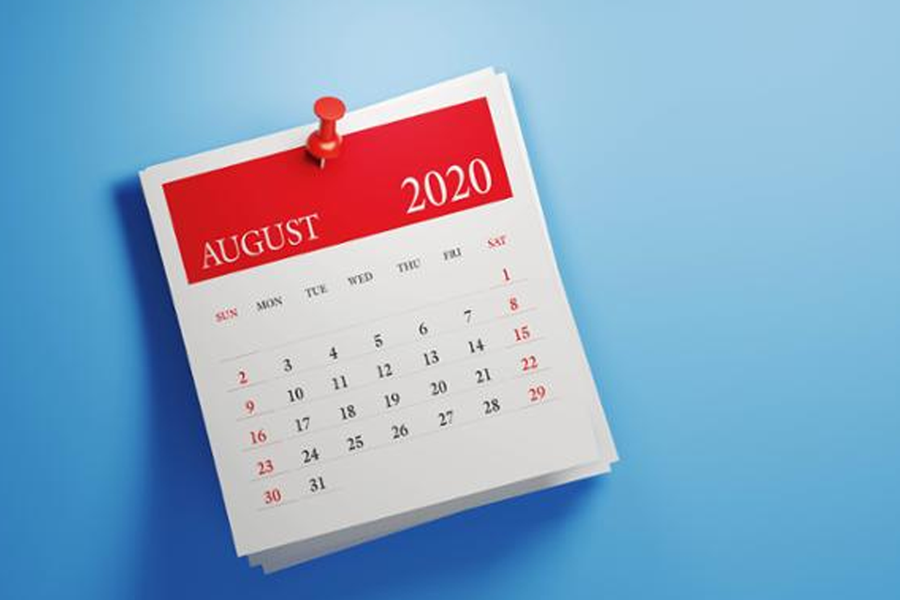 2020年8月的日曆，說明韓文字母의日常誤用：正確寫法是『며칠』而非『몇일』。