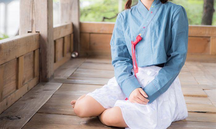 Detailed shot of hanbok tops with traditional Korean motifs and vibrant colors